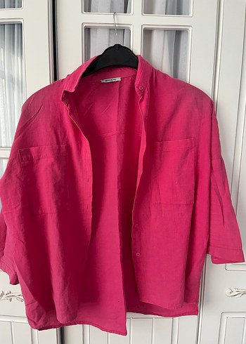 Pembe Keten Düğmeli Kadın Gömlek - Görsel 4