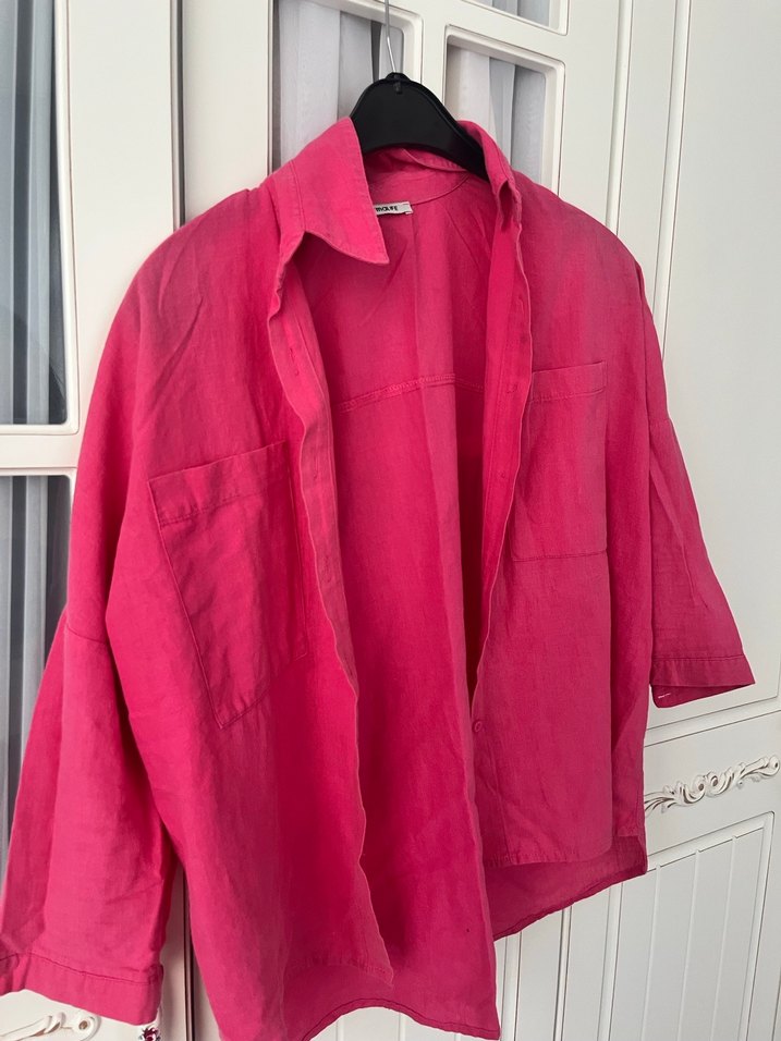 Pembe Keten Düğmeli Kadın Gömlek - Görsel 3