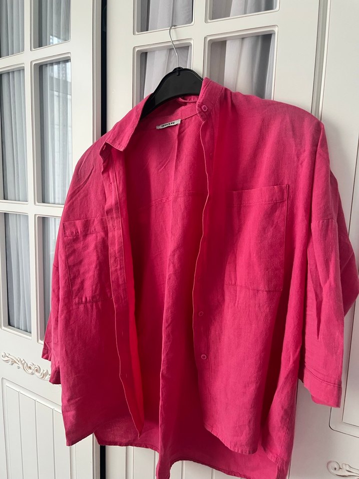 Pembe Keten Düğmeli Kadın Gömlek - Görsel 2