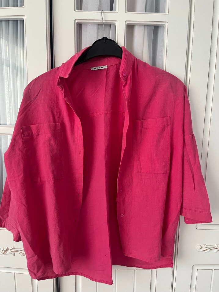 Pembe Keten Düğmeli Kadın Gömlek - Görsel 4