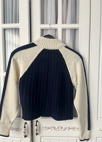 Yarım Fermuarlı Gri-Beyaz Triko Kadın Kazak - Görsel 3