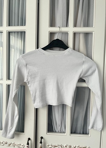 V Yaka Beyaz Uzun Kollu Kadın Keten Kazak - Görsel 3