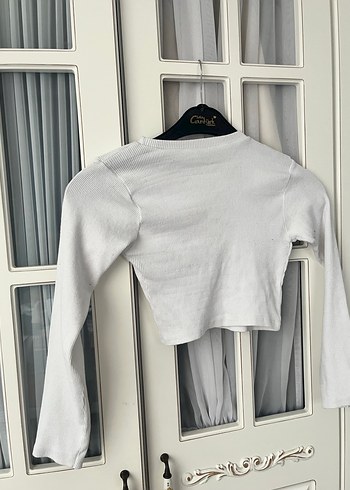 V Yaka Beyaz Uzun Kollu Kadın Keten Kazak - Görsel 2