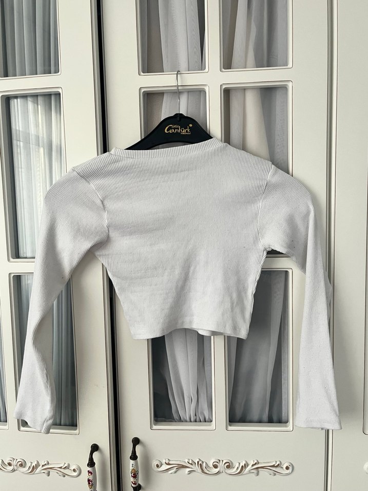 V Yaka Beyaz Uzun Kollu Kadın Keten Kazak - Görsel 4