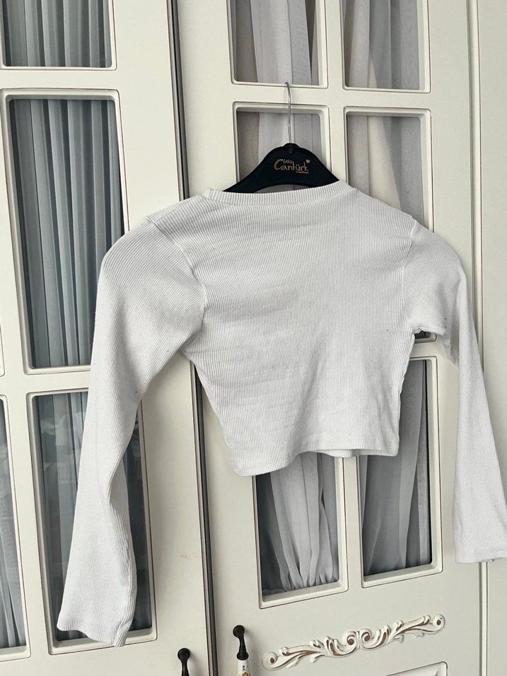 V Yaka Beyaz Uzun Kollu Kadın Keten Kazak - Görsel 2