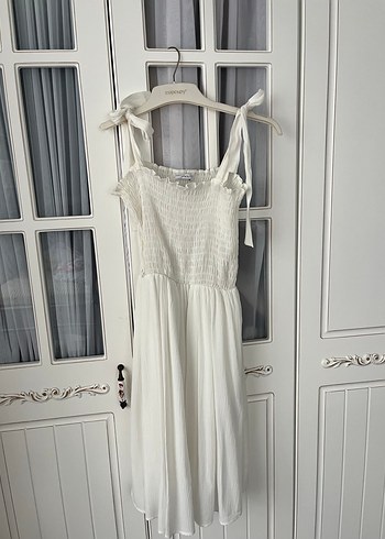 Beyaz İp Askılı Uzun Keten Elbise - Görsel 4
