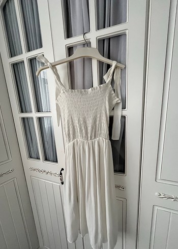 Beyaz İp Askılı Uzun Keten Elbise - Görsel 2
