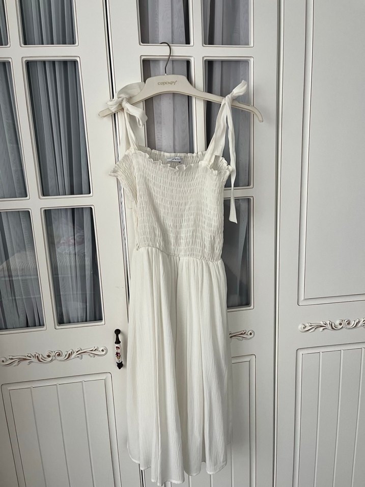 Beyaz İp Askılı Uzun Keten Elbise - Görsel 4