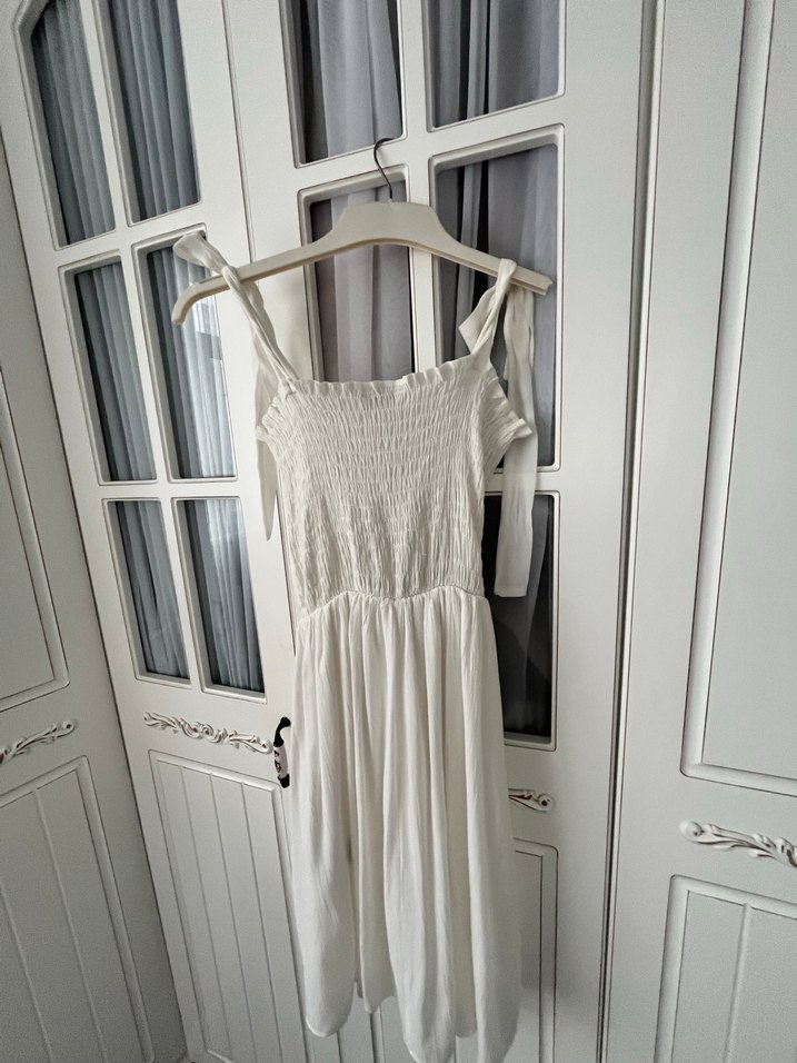 Beyaz İp Askılı Uzun Keten Elbise - Görsel 2