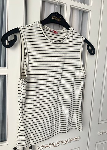 Çizgili Kolsuz Beyaz Mini Atlet - Görsel 5