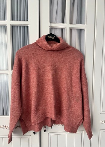 Pembe Boğazlı Örgü Kadın Kazak - Görsel 3