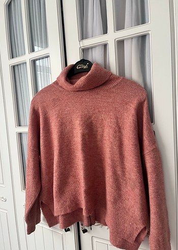 Pembe Boğazlı Örgü Kadın Kazak - Görsel 4