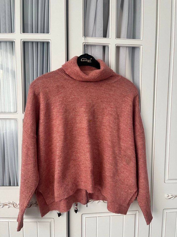 Pembe Boğazlı Örgü Kadın Kazak - Görsel 3