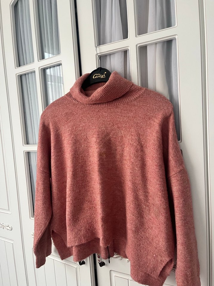 Pembe Boğazlı Örgü Kadın Kazak - Görsel 4