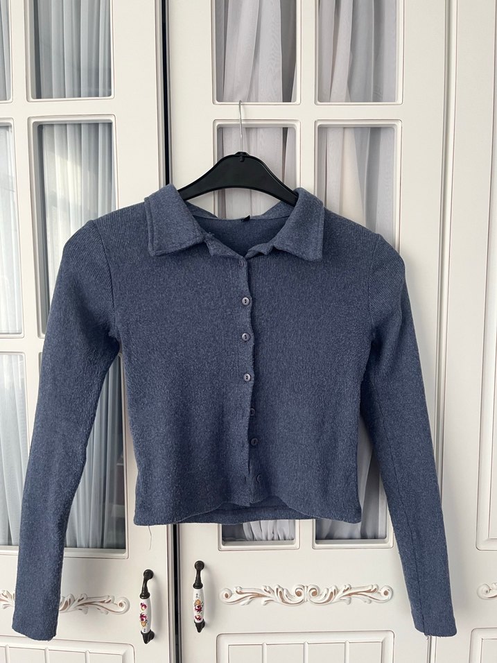 Düğmeli Gri Denim Kadın Hırka - Görsel 4