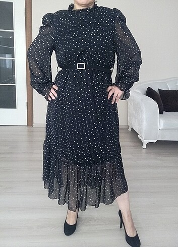 Diğer Beli kemerli astarlı puantiyeli lacivert elbise