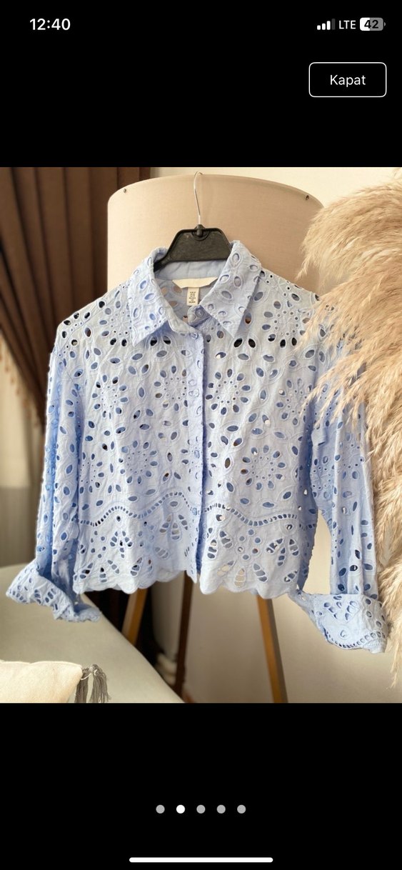 H&M Mavi Dantel Detaylı Bohem Kadın Gömlek - Görsel 3