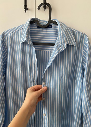 Kadın Mavi Çizgili Uzun Kollu Gömlek - Görsel 4