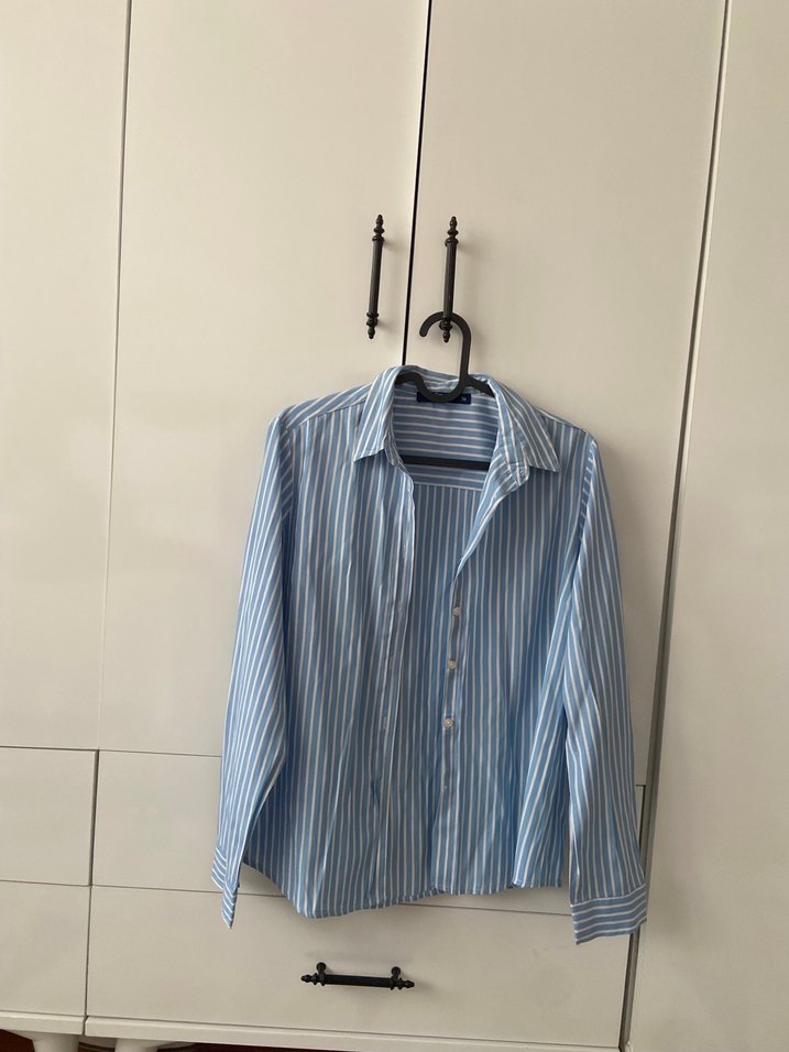 Kadın Mavi Çizgili Uzun Kollu Gömlek - Görsel 3