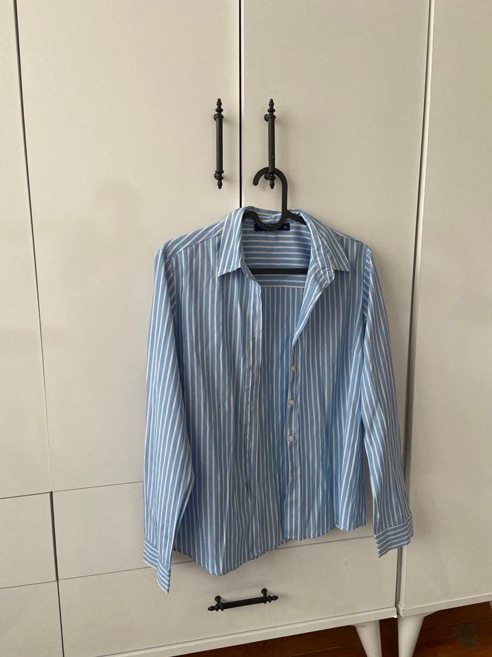 Kadın Mavi Çizgili Uzun Kollu Gömlek - Görsel 2