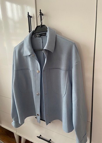 Zara Düğmeli Mavi Süet ceket - Görsel 7