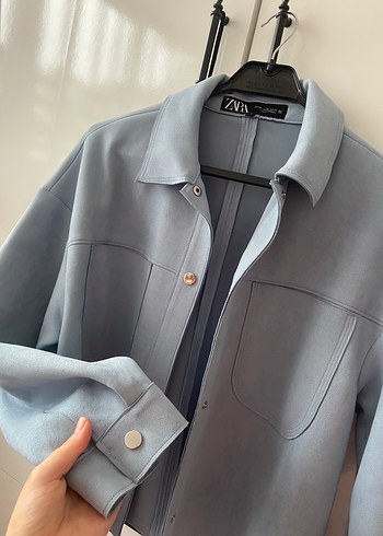 Zara Düğmeli Mavi Süet ceket - Görsel 4