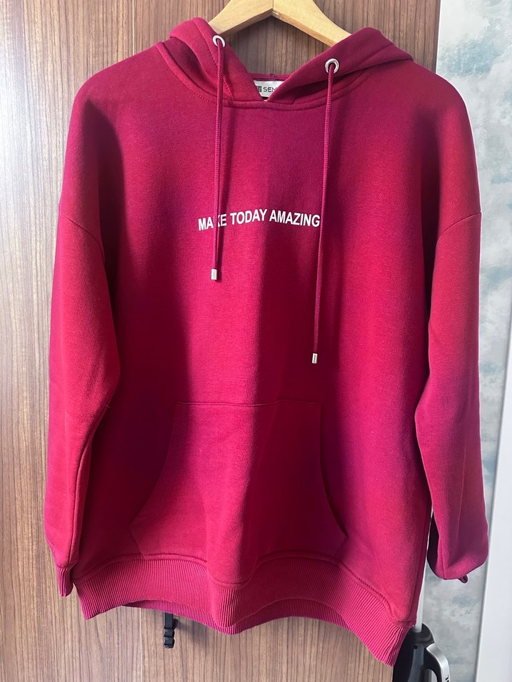 Bordo Kapüşonlu Rahat Kesim Sweatshirt - Görsel 2