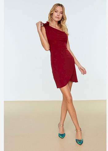 Trendyol & Milla Bordo Drapeli Mini Abiye Elbise