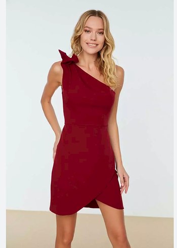 Bordo Drapeli Mini Abiye Elbise