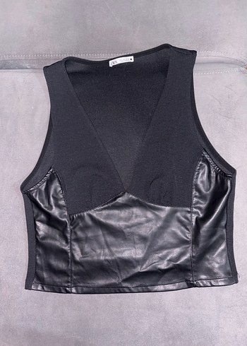 Zara Siyah Deri V Yaka Korse Mini Üst - Görsel 2