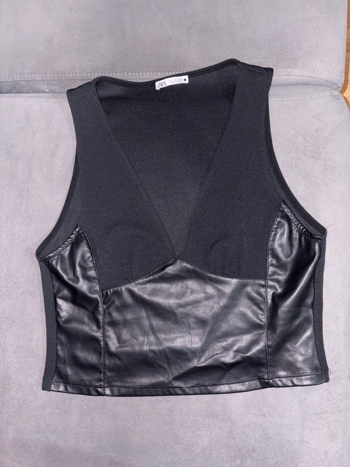 Zara Siyah Deri V Yaka Korse Mini Üst - Görsel 2