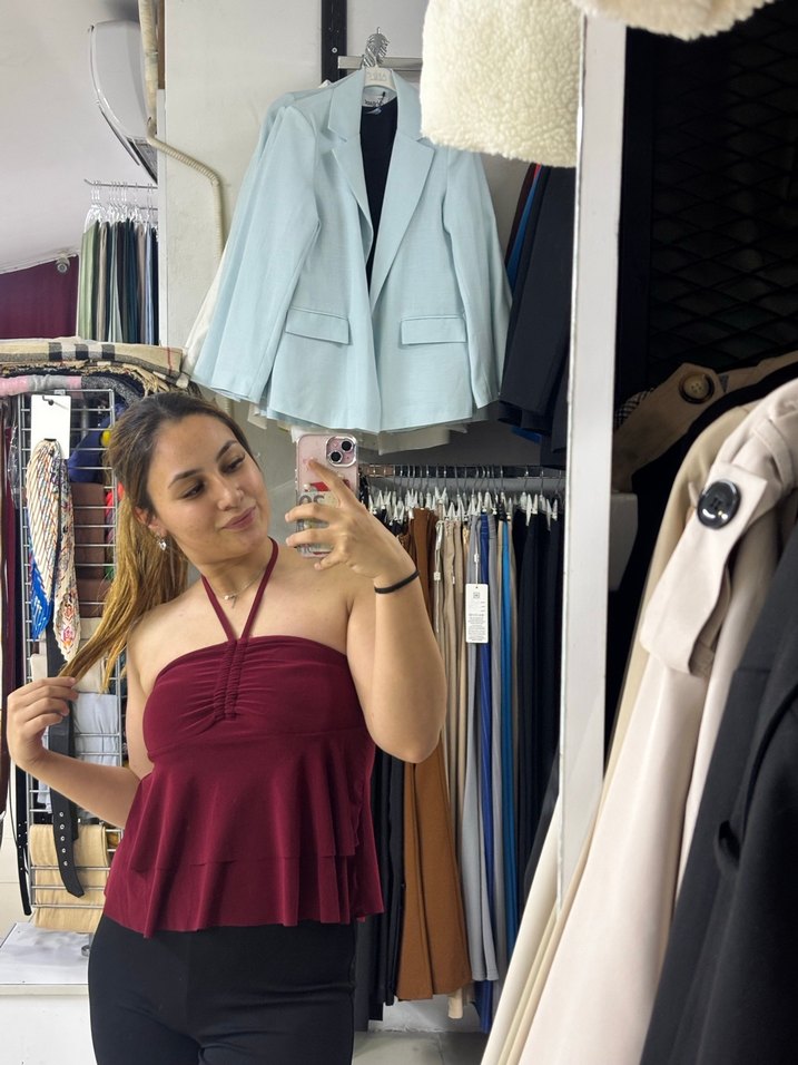 Bordo Straplez Mini Bluz - Görsel 2