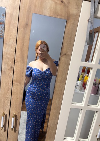 Mavi Straplez Bohem Midi Elbise - Görsel 5