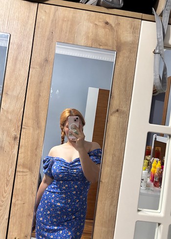 Mavi Straplez Bohem Midi Elbise - Görsel 3