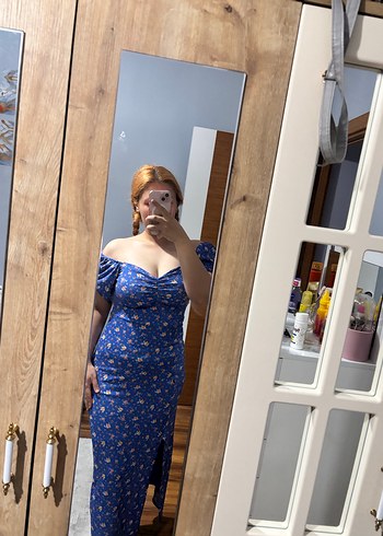 Mavi Straplez Bohem Midi Elbise - Görsel 4