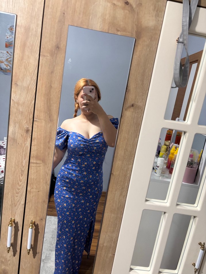 Mavi Straplez Bohem Midi Elbise - Görsel 5