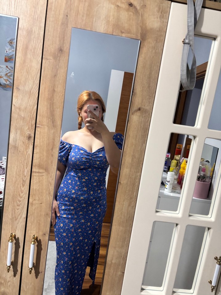 Mavi Straplez Bohem Midi Elbise - Görsel 4