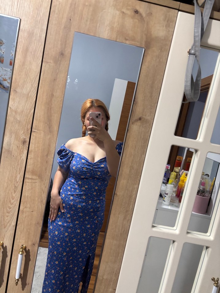 Mavi Straplez Bohem Midi Elbise - Görsel 2