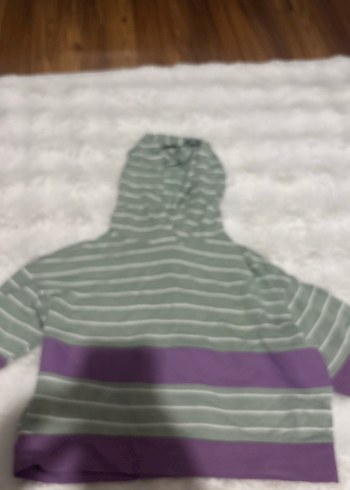 Mor Şeritli Gri Kapüşonlu Sweatshirt - Görsel 4