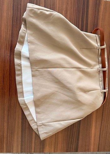 Bej Deri Kemerli Midi Mini Etek - Görsel 3