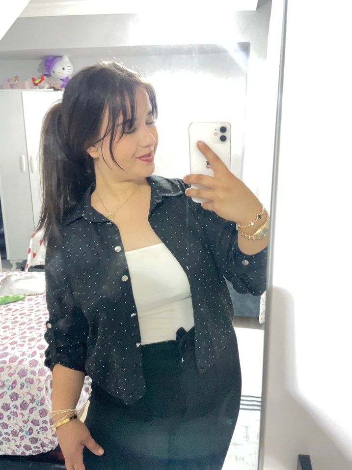 Kadın Siyah Puantiyeli Denim Ceket - Görsel 2