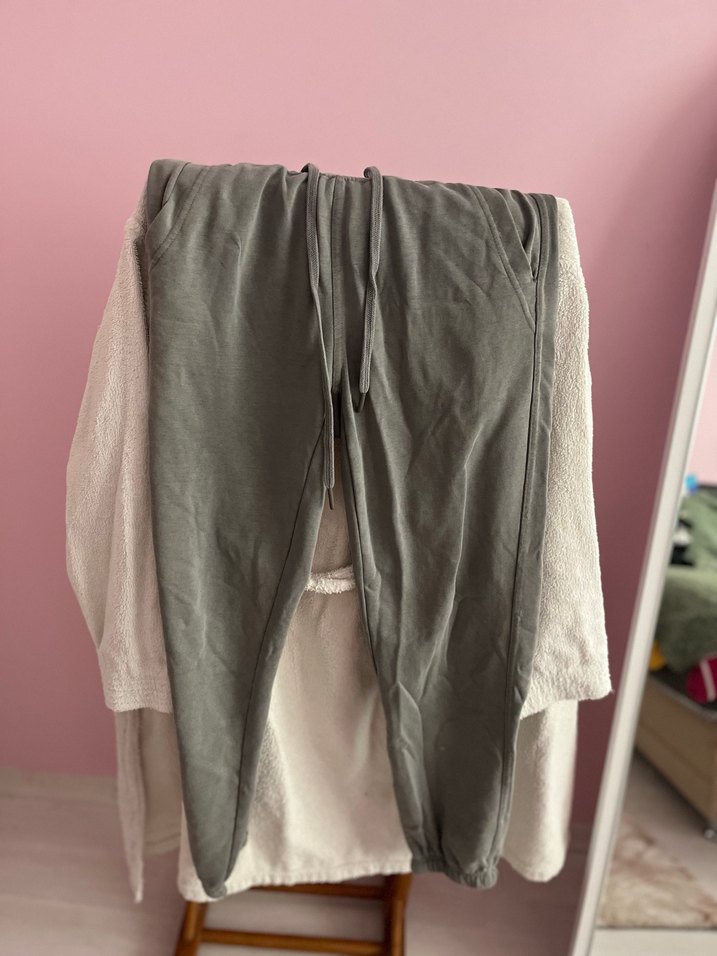 Gri Keten Rahat Kesim Kadın Eşofman Altı - Görsel 2