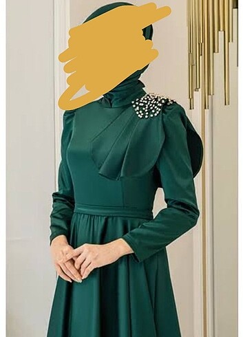 Tasarımcı Saten zümrüt yeşili tesettür abiye elbise 