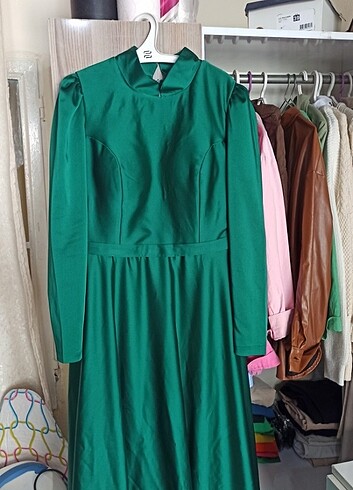 l Beden yeşil Renk Saten zümrüt yeşili tesettür abiye elbise 