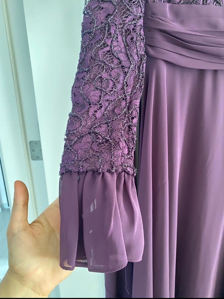 Mor Uzun Kollu tesettür Abiye Elbise - Görsel 5