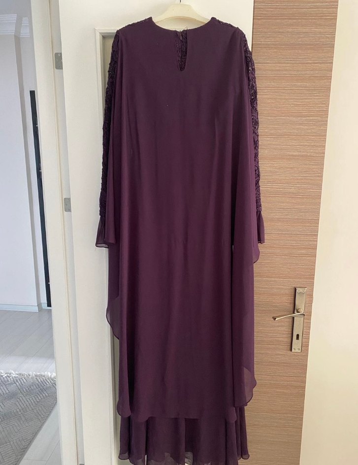 Mor Uzun Kollu tesettür Abiye Elbise - Görsel 4