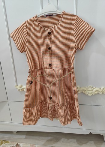 Kız Çocuk kiremit rengi Çizgili Keten Elbise - Görsel 2