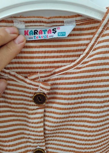 Kız Çocuk kiremit rengi Çizgili Keten Elbise - Görsel 3