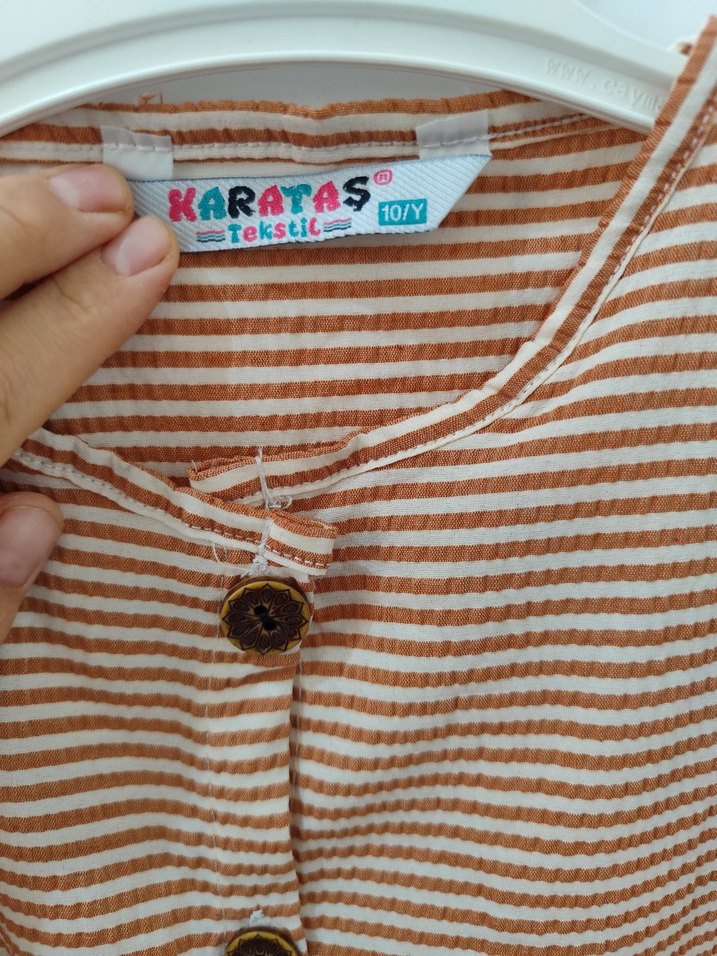 Kız Çocuk kiremit rengi Çizgili Keten Elbise - Görsel 3