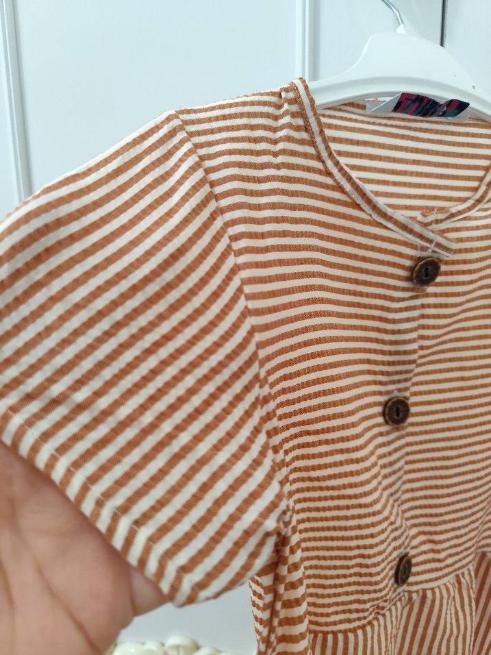 Kız Çocuk kiremit rengi Çizgili Keten Elbise - Görsel 4